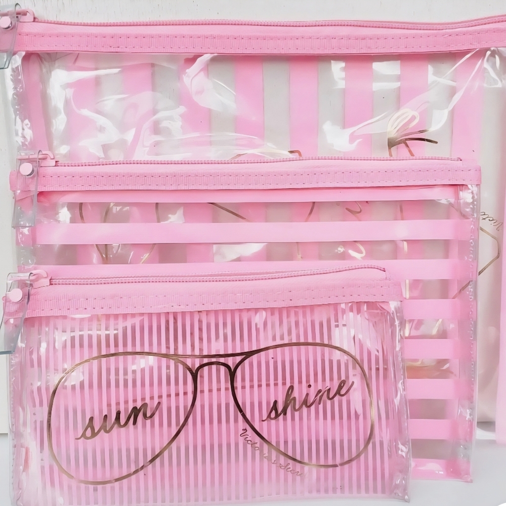 Set of 3 Victoria's Secret Pink Clear See Through Makeup Cosmetic Beach Bag, NEW - Picture 3 of 6